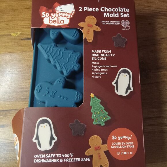 So Yummy Bella 2pc Chocolate Mold Set Gingerbread Man Pine Trees Penguin Stars - Picture 1 of 8